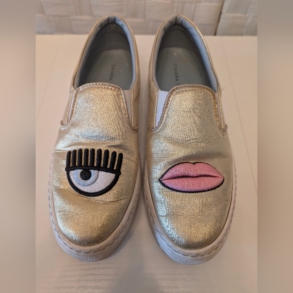 Chiara Ferragni Gold Metallic Flirting Eye Lips Slip On‎ Sneakers Platform Shoes